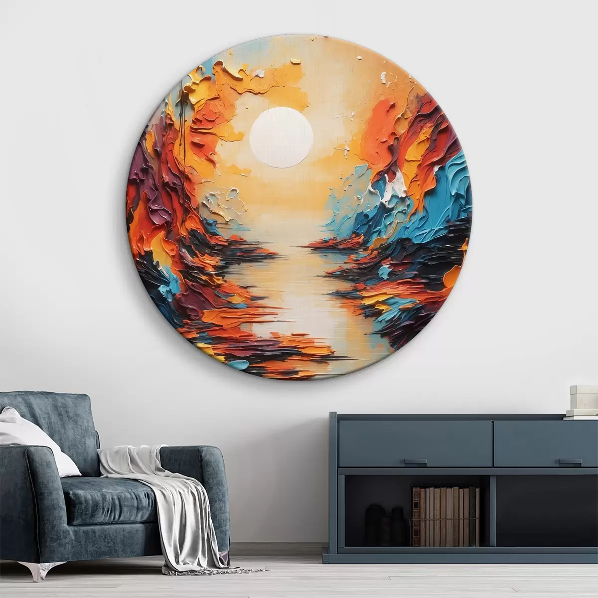 Quadri rotondi Fiume al tramonto nell'olio r38111