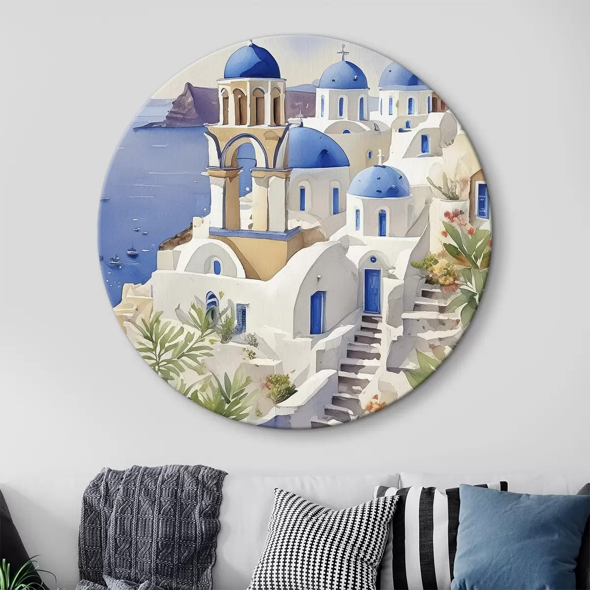 Quadri rotondi Santorini, Grecia architettura, acquerello, estate, costa del Mar Mediterraneo r38400