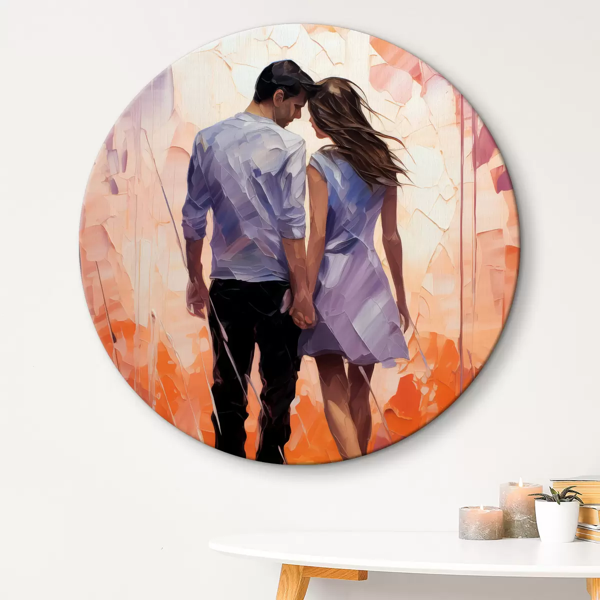 Quadri rotondi Silhouette di una coppia innamorata pittura astratta, ragazza e ragazzo, colore rosa, arancione, viola, nero r39124