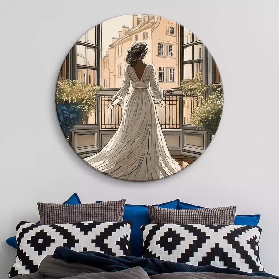 carta da parati sagoma di una ragazza in abito bianco vicino a una grande finestra nr. r39480