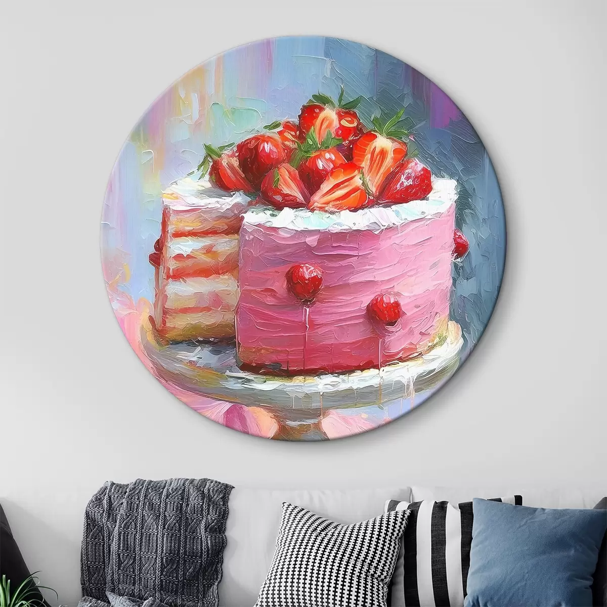 Quadri rotondi Torta di fragole con crema, pittura ad olio, grandi pennellate, bacche estive, colori rosa r38499