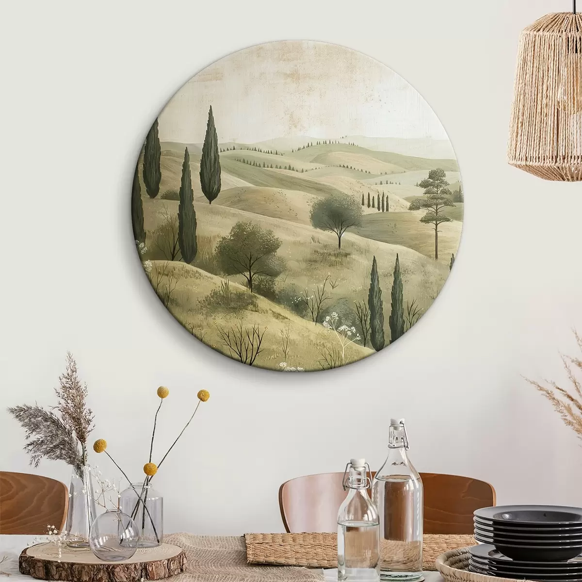 Quadri rotondi Paesaggio estivo, stile vintage, colori verde pastello, fiori rustici, alberi r40079