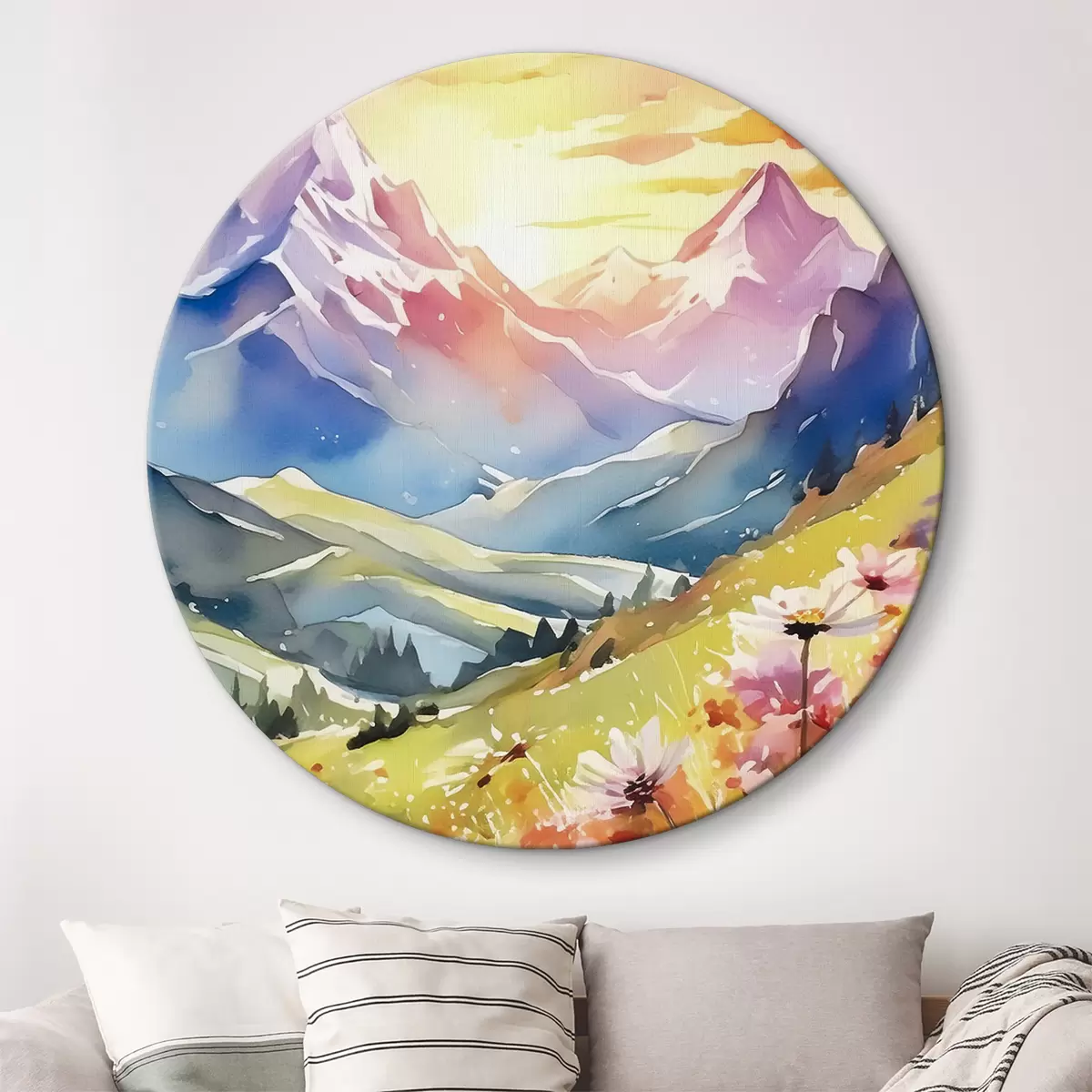 Quadri rotondi Montagne estive, tramonti colorati, fiori, acquerelli, paesaggi naturali r38840