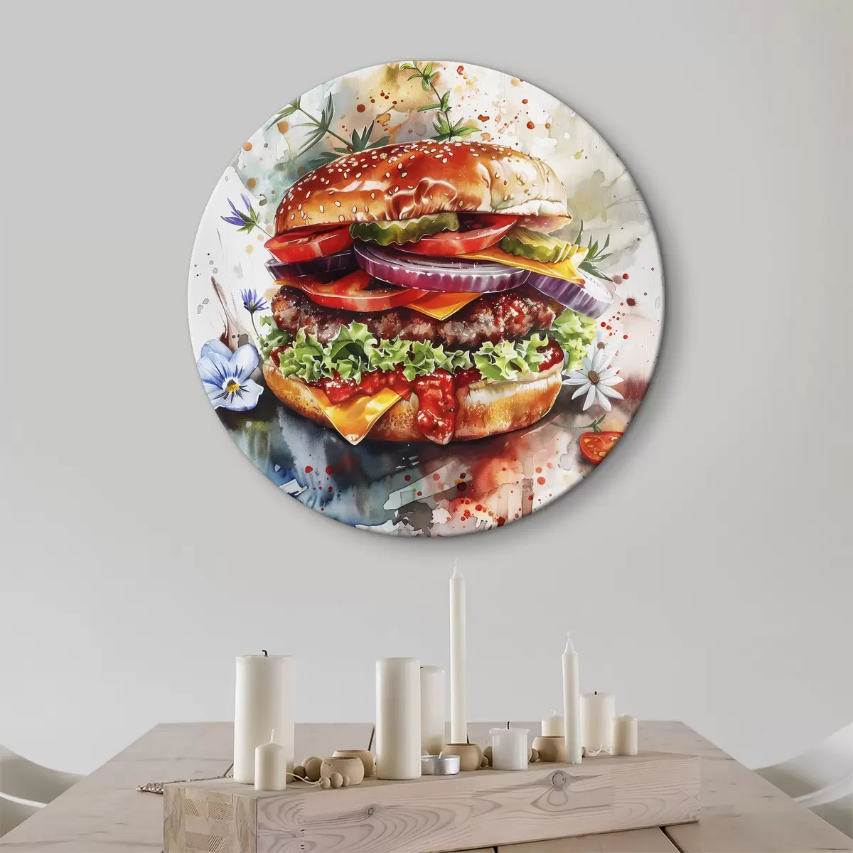 Quadri rotondi Gustoso hamburger con carne, floreale, acquerello, arte alimentare r39699