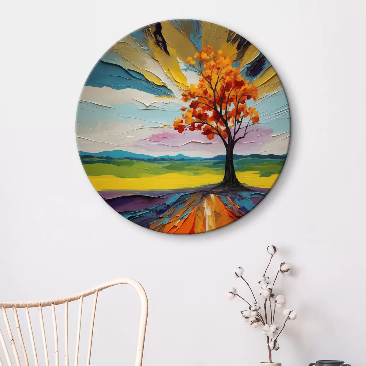 Quadri rotondi Albero sullo sfondo di un campo e cielo astratto dipinto ad olio r39851