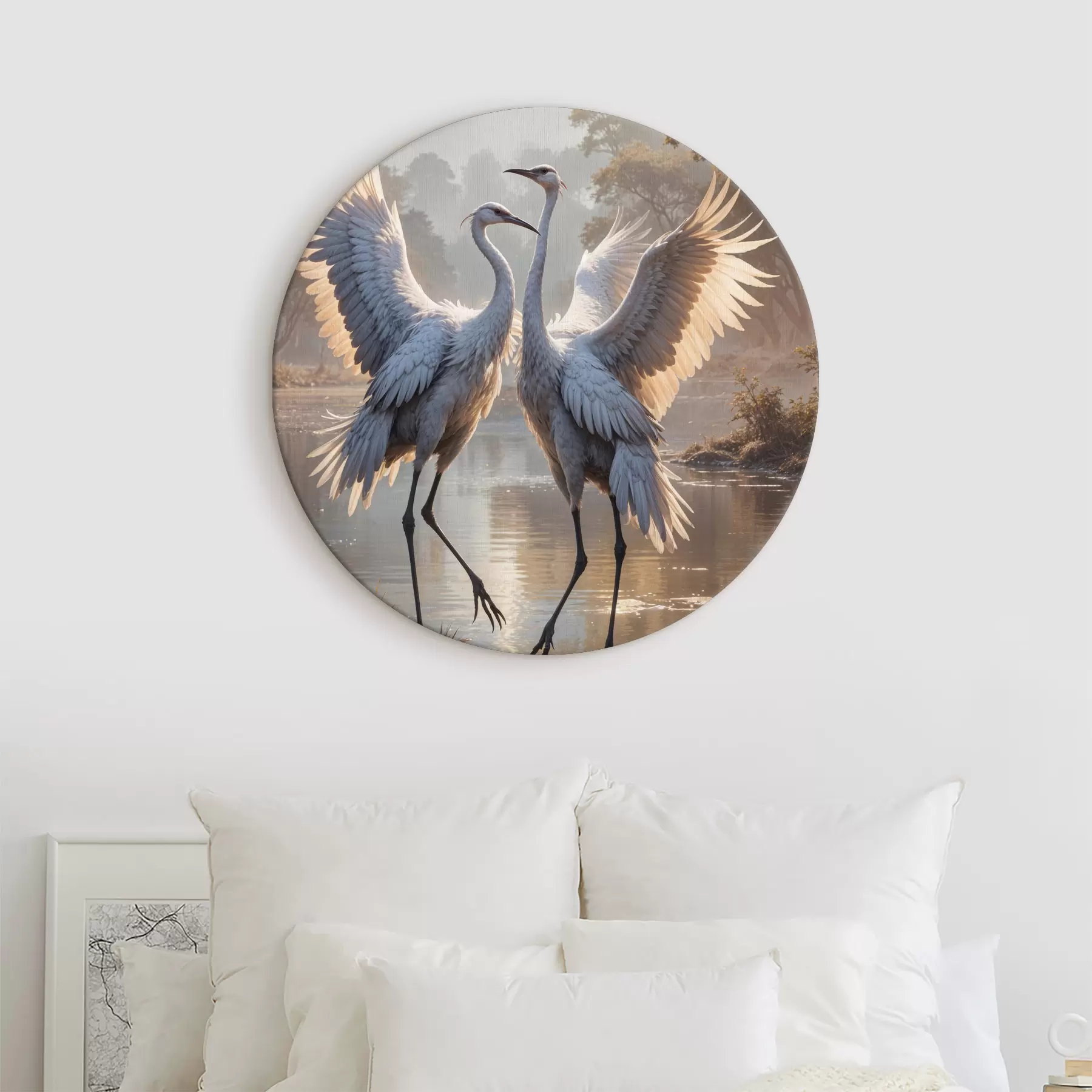 carta da parati Due grandi gru grigie con lunghi colli e ali spiegate in piedi in un lago nebbioso circondato da alberi nr. r40404