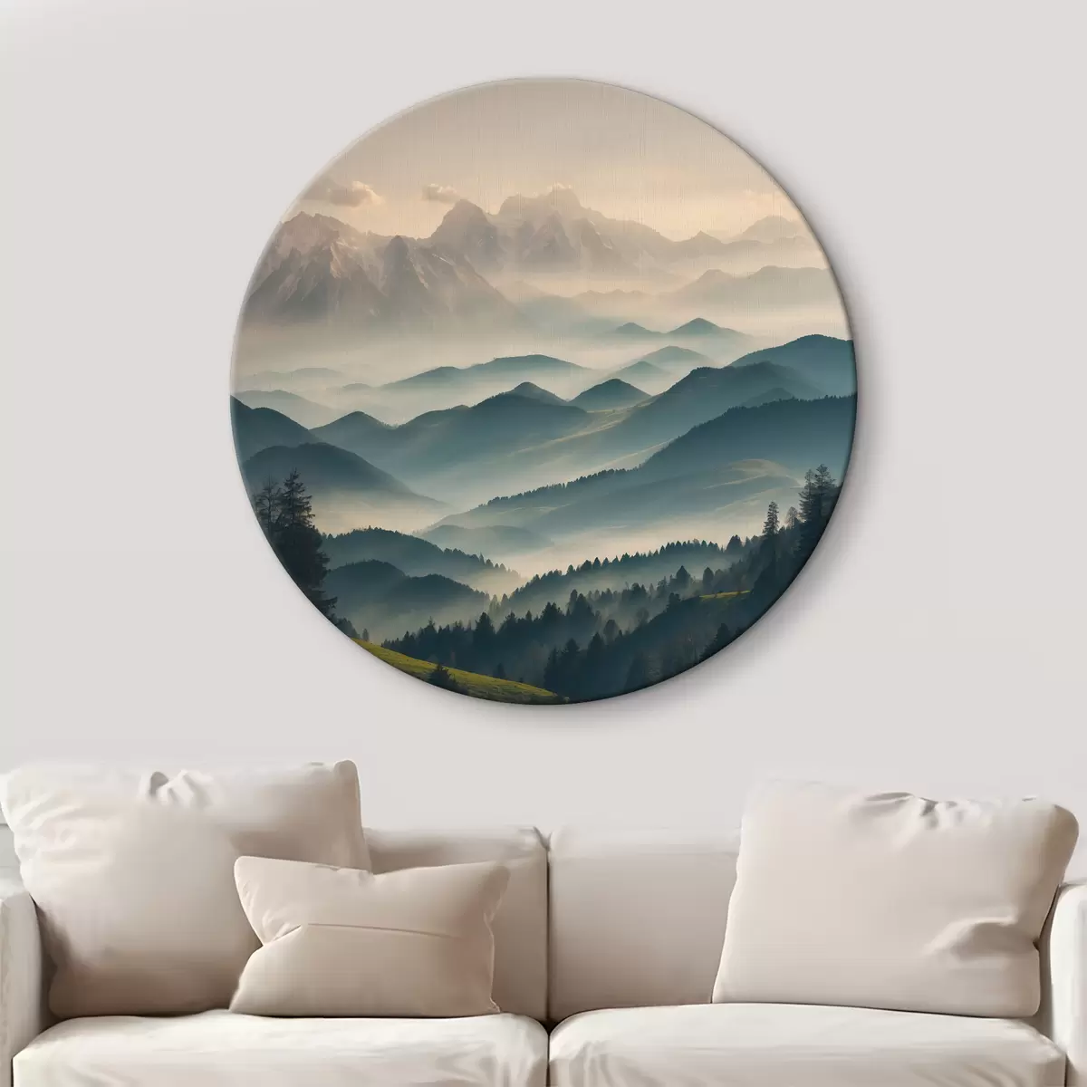 Quadri rotondi Vista sulle montagne nebbiose r39596