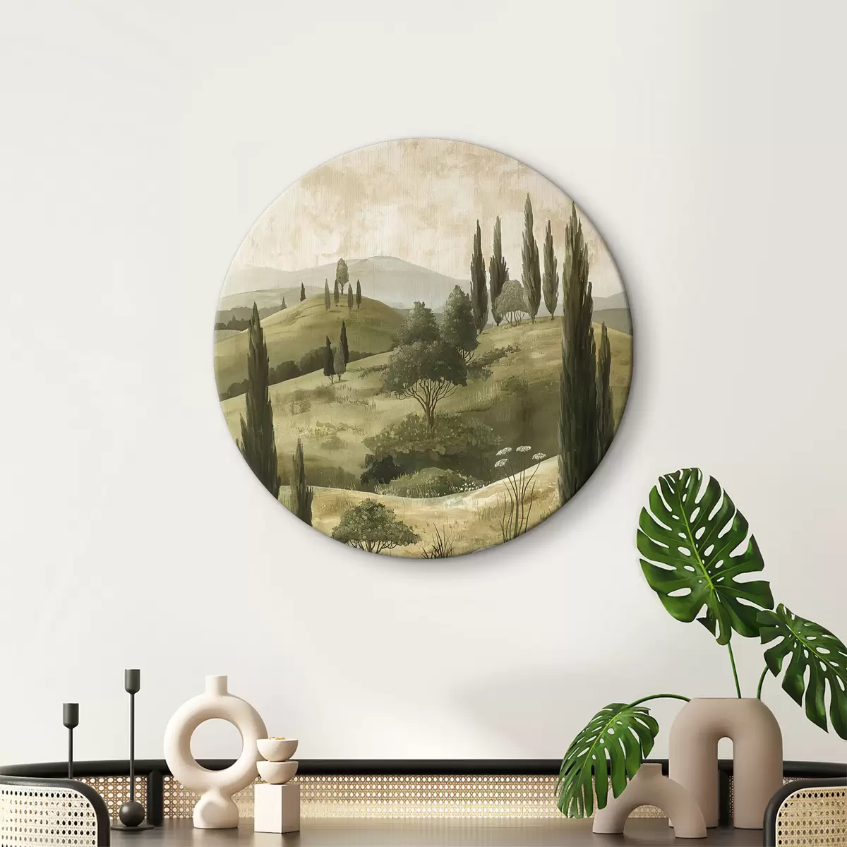 Quadri rotondi Paesaggio d'epoca, stile rustico, colori pastello, prato con fiori e alberi r40081
