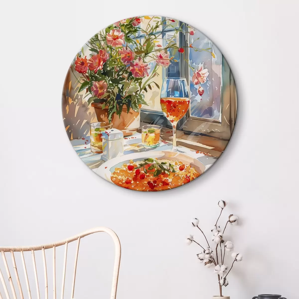 Quadri rotondi Ramo dell'acquerello, luce solare nella finestra, bicchiere di cocktail, fiori estivi r39707