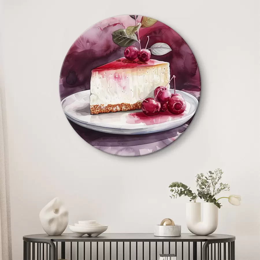 carta da parati Cheesecake all'acquerello con ciliegie, elegante arte culinaria, colori rosso e viola nr. r39700