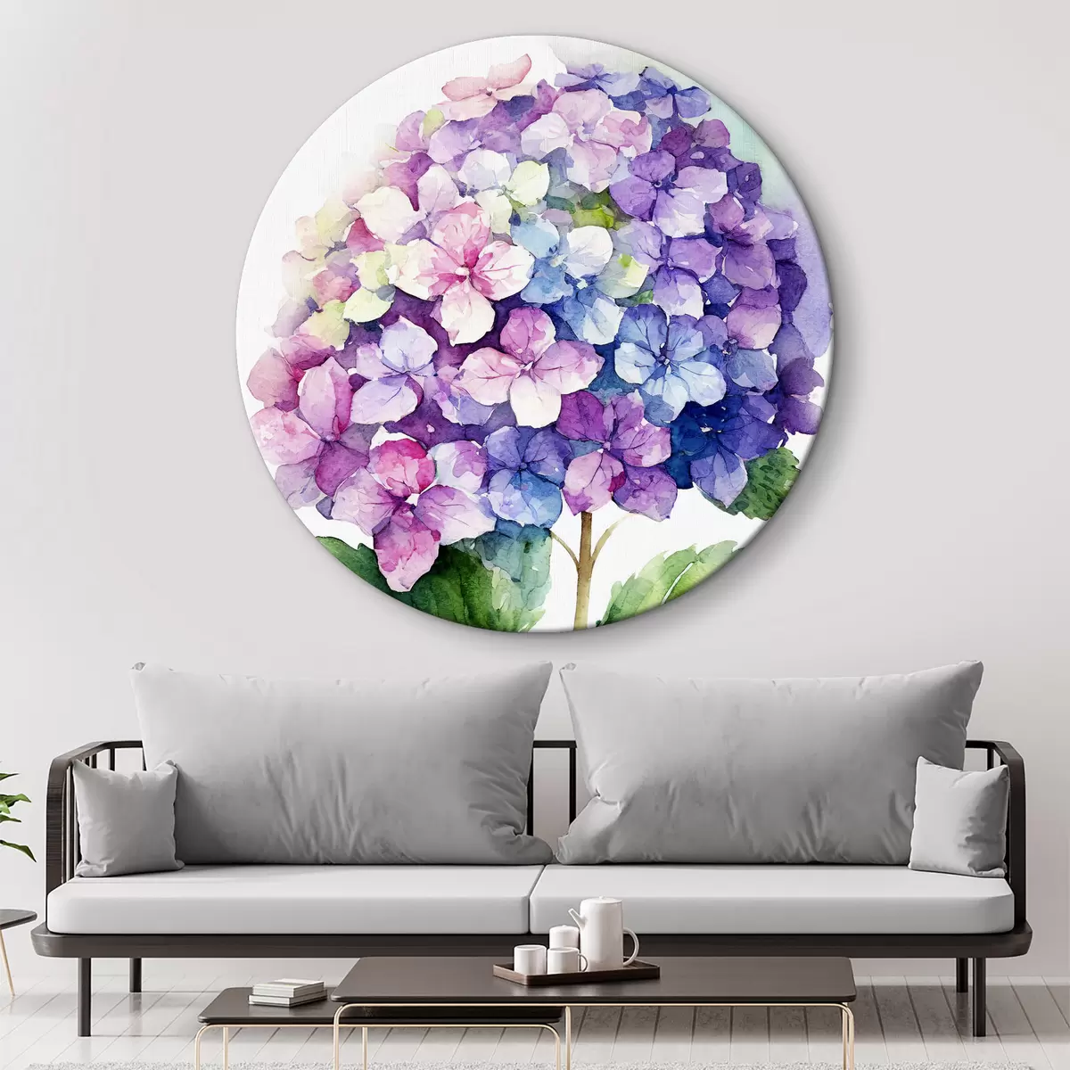Quadri rotondi Ortensia acquerellata, illustrazione floreale, minimalismo r37344