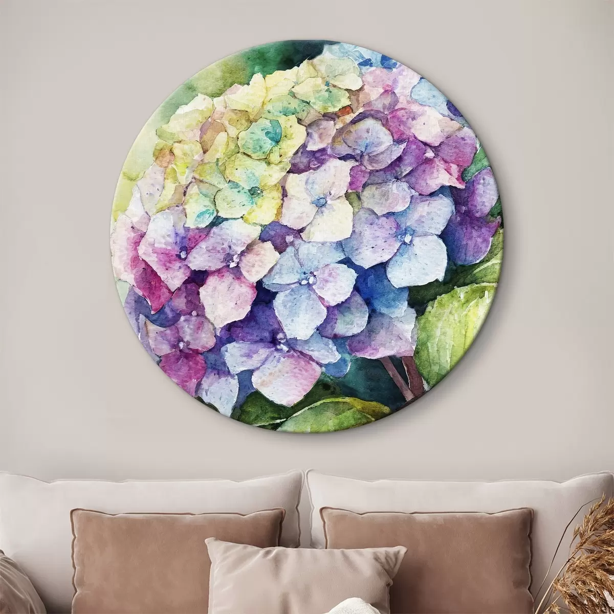Quadri rotondi Ortensia acquerellata, illustrazione floreale, colori naturali r37343