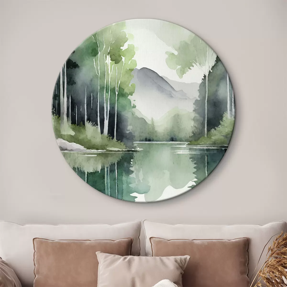 Quadri rotondi Paesaggio acquerellato di lago e foresta, primavera, verde naturale colori tenui r36503