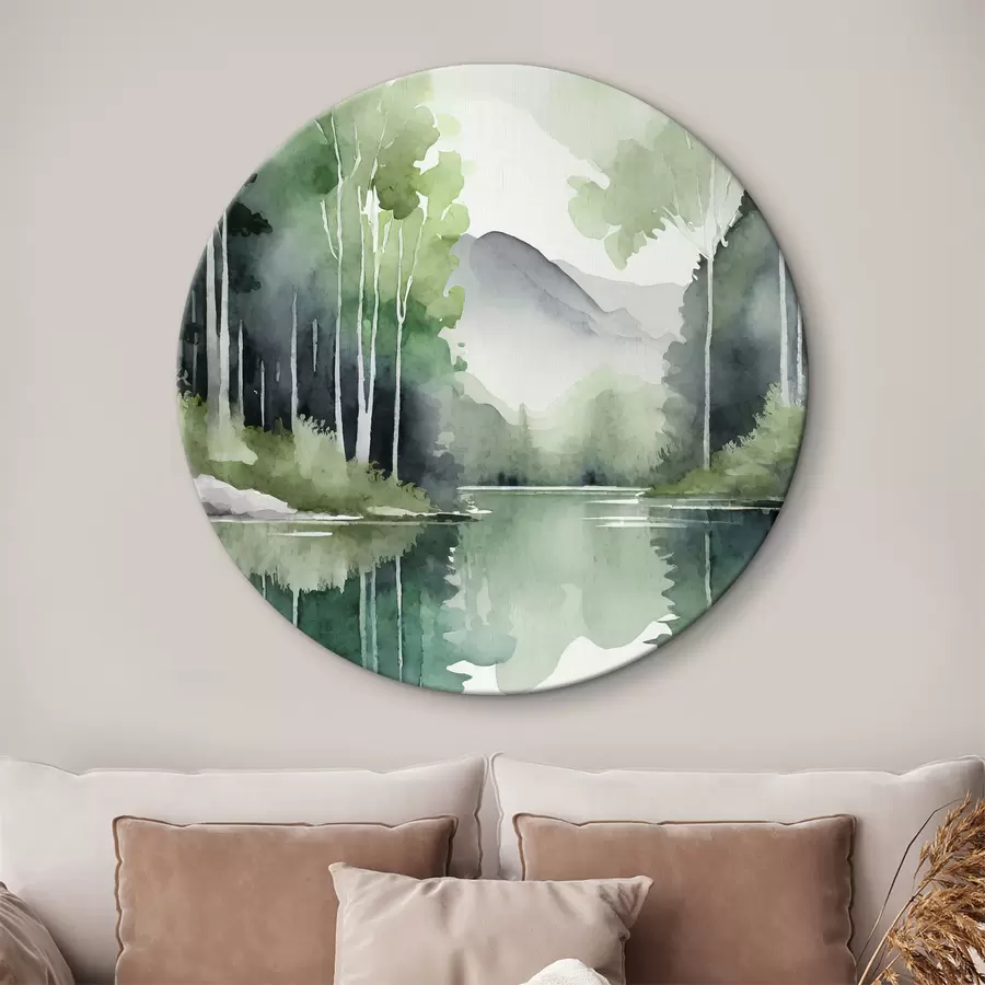carta da parati Paesaggio acquerellato di lago e foresta, primavera, verde naturale colori tenui nr. r36503