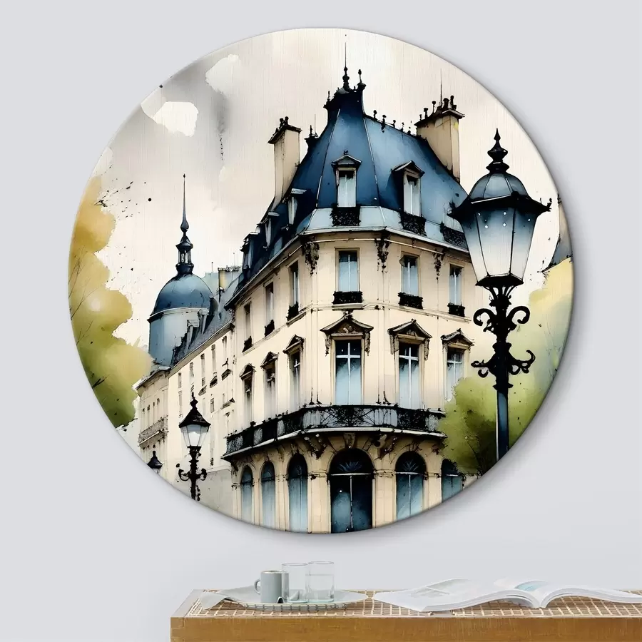 carta da parati Dipinto ad acquerello di edificio storico con facciata curva ed elementi architettonici decorativi nr. r38975