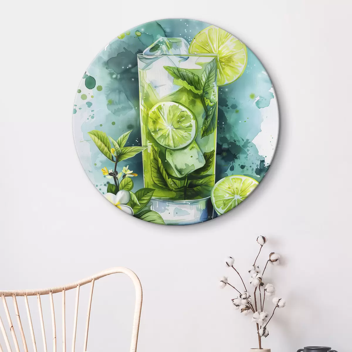 Quadri rotondi Cocktail estivo acquerello, mojito, lime e menta, colori floreali e verdi r39712
