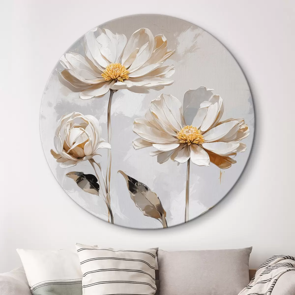 Quadri rotondi Fiori bianchi su sfondo bianco-grigio r39174
