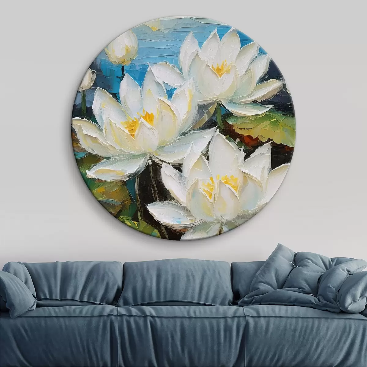 Quadri rotondi fiori di loto bianchi sull'acqua, fiori grandi, colori ad olio r38604