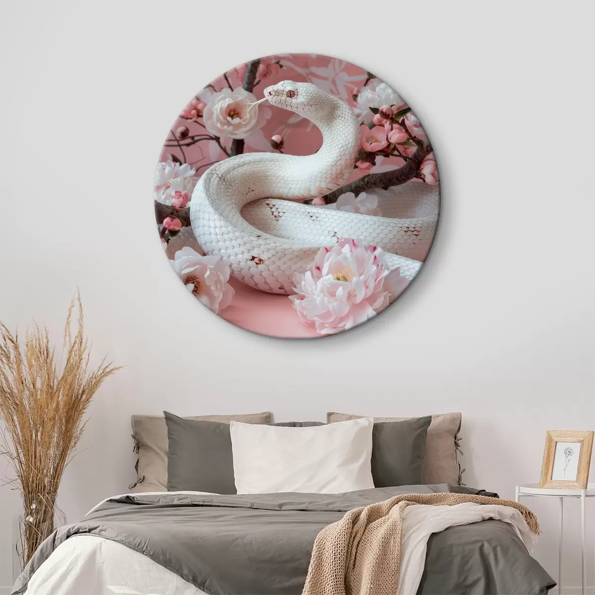 Quadri rotondi Serpente bianco e fiori rosa r39941