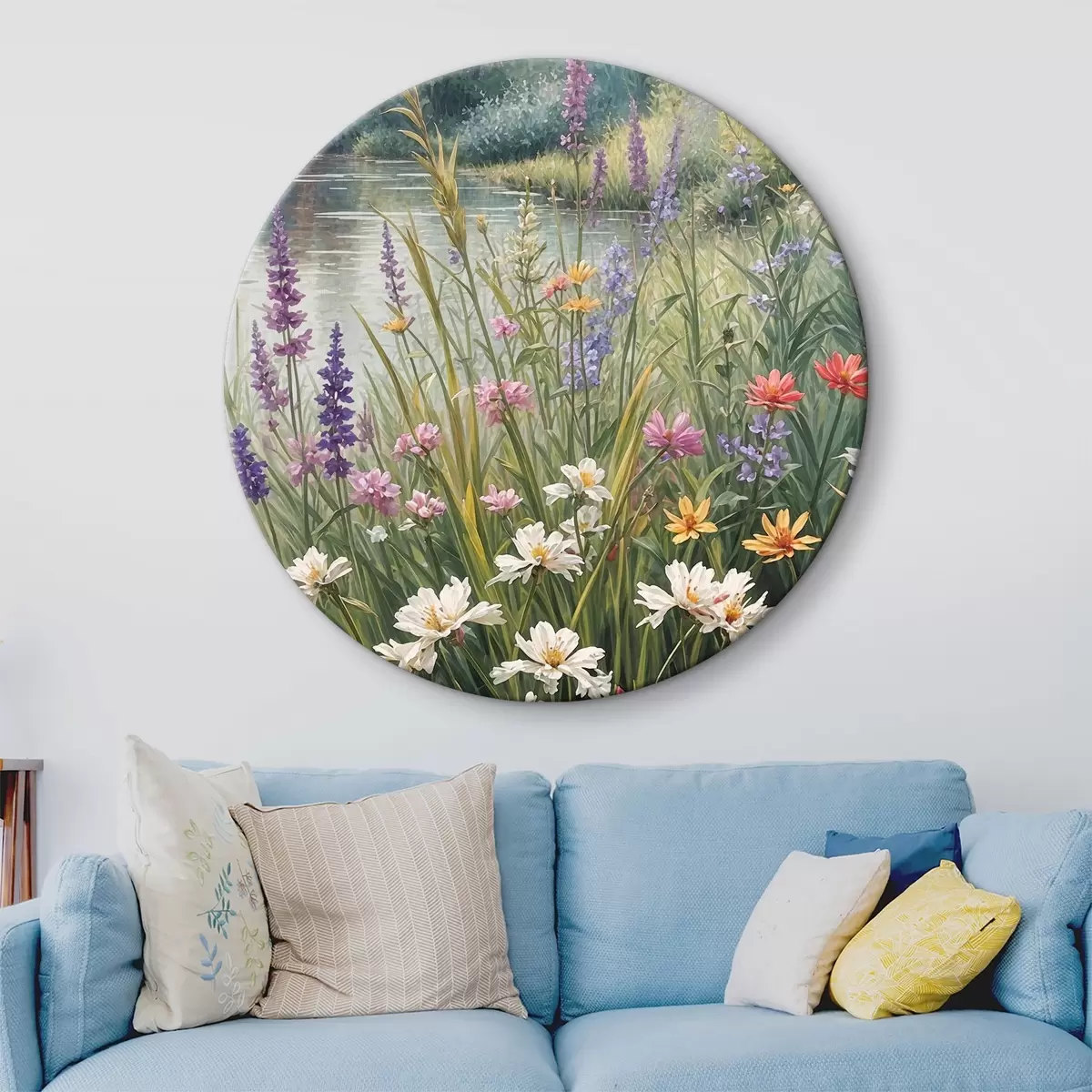 Quadri rotondi Fiori di campo ed erbe alte. La scena complessiva raffigura un paesaggio naturale vibrante r38829