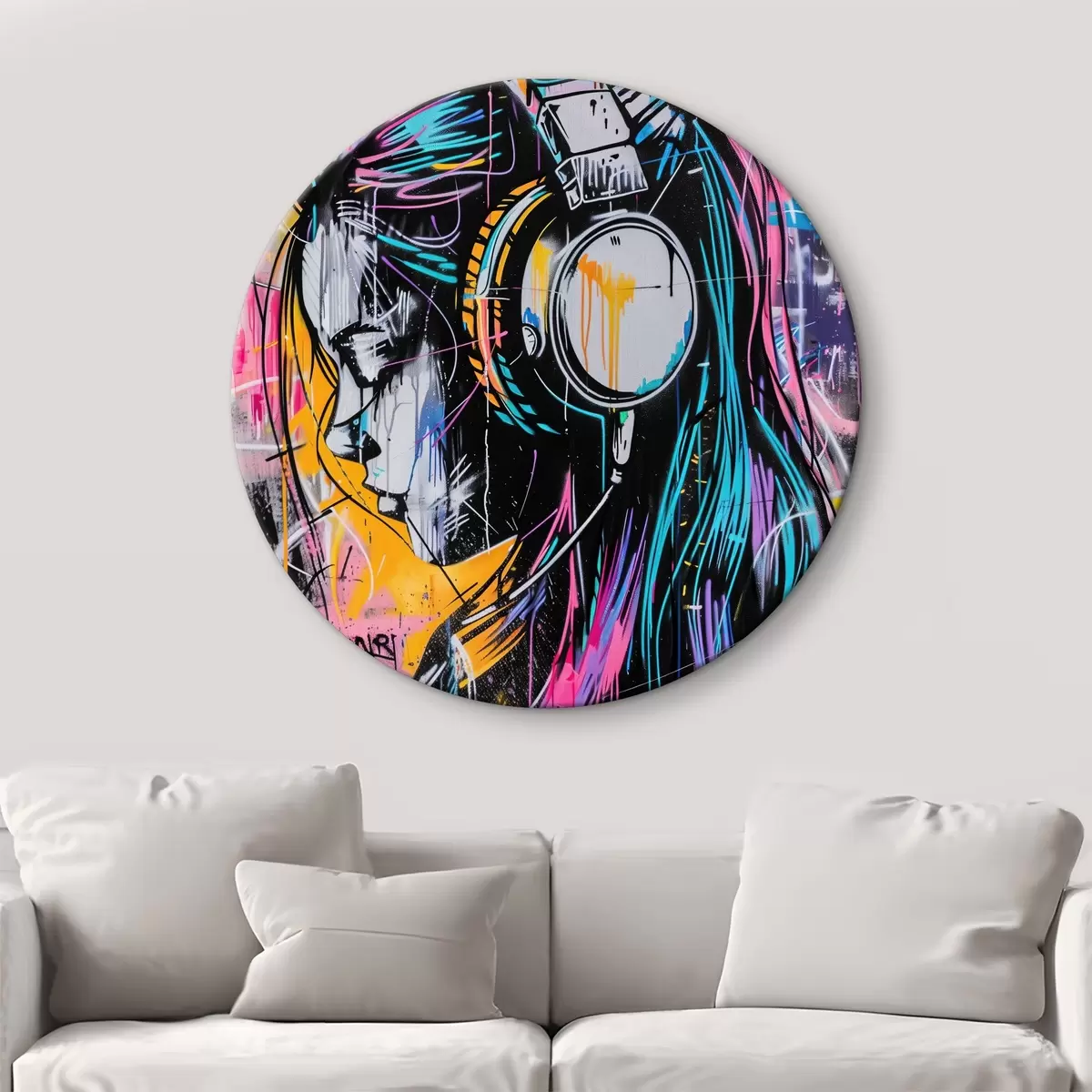 Quadri rotondi Donna con le cuffie in stile graffiti r39443