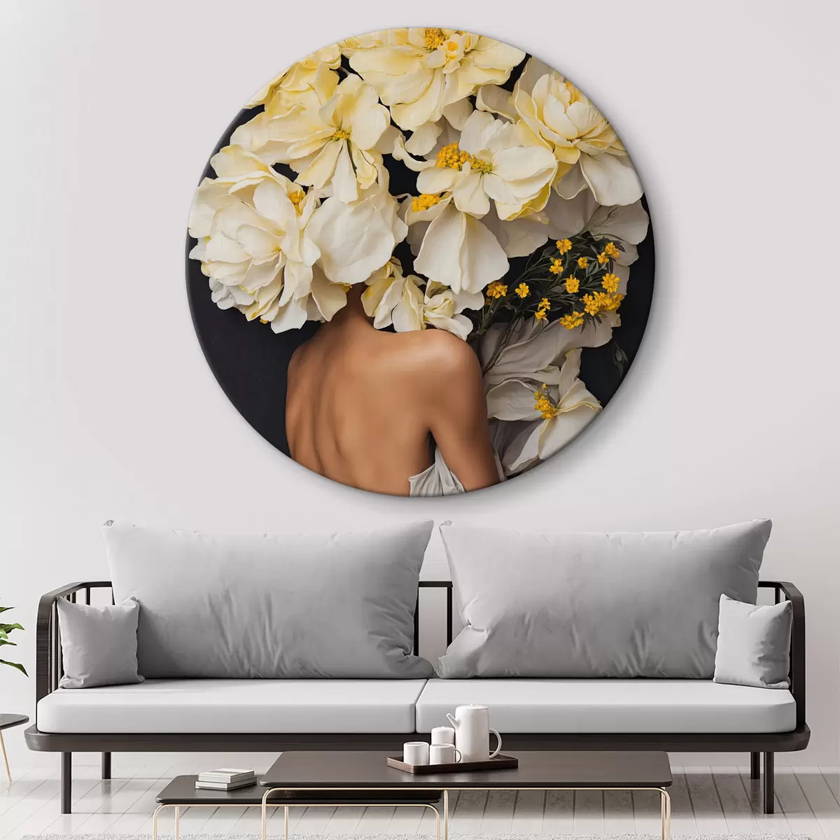 Quadri rotondi Donna con fiori gialli su sfondo nero r37162