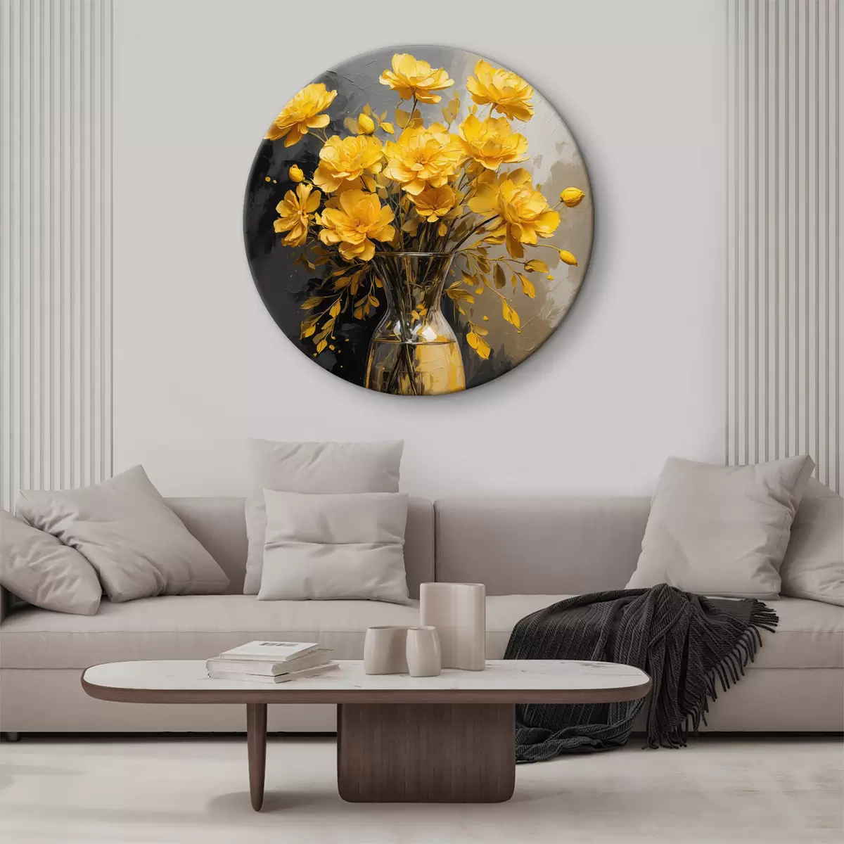 Quadri rotondi Fiori gialli in vaso trasparente su fondo acrilico r39853