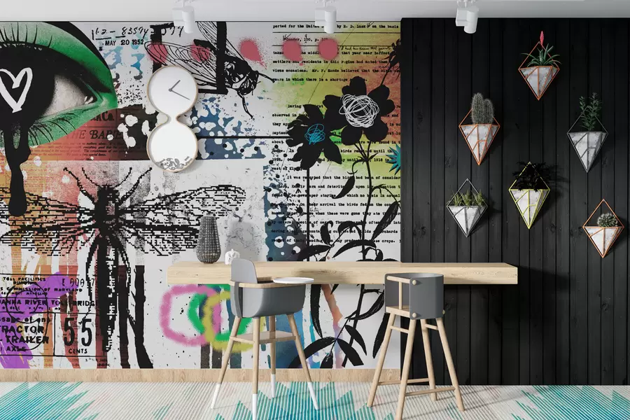 carta da parati Scritte, fiori e figure in stile graffito nr. w02255