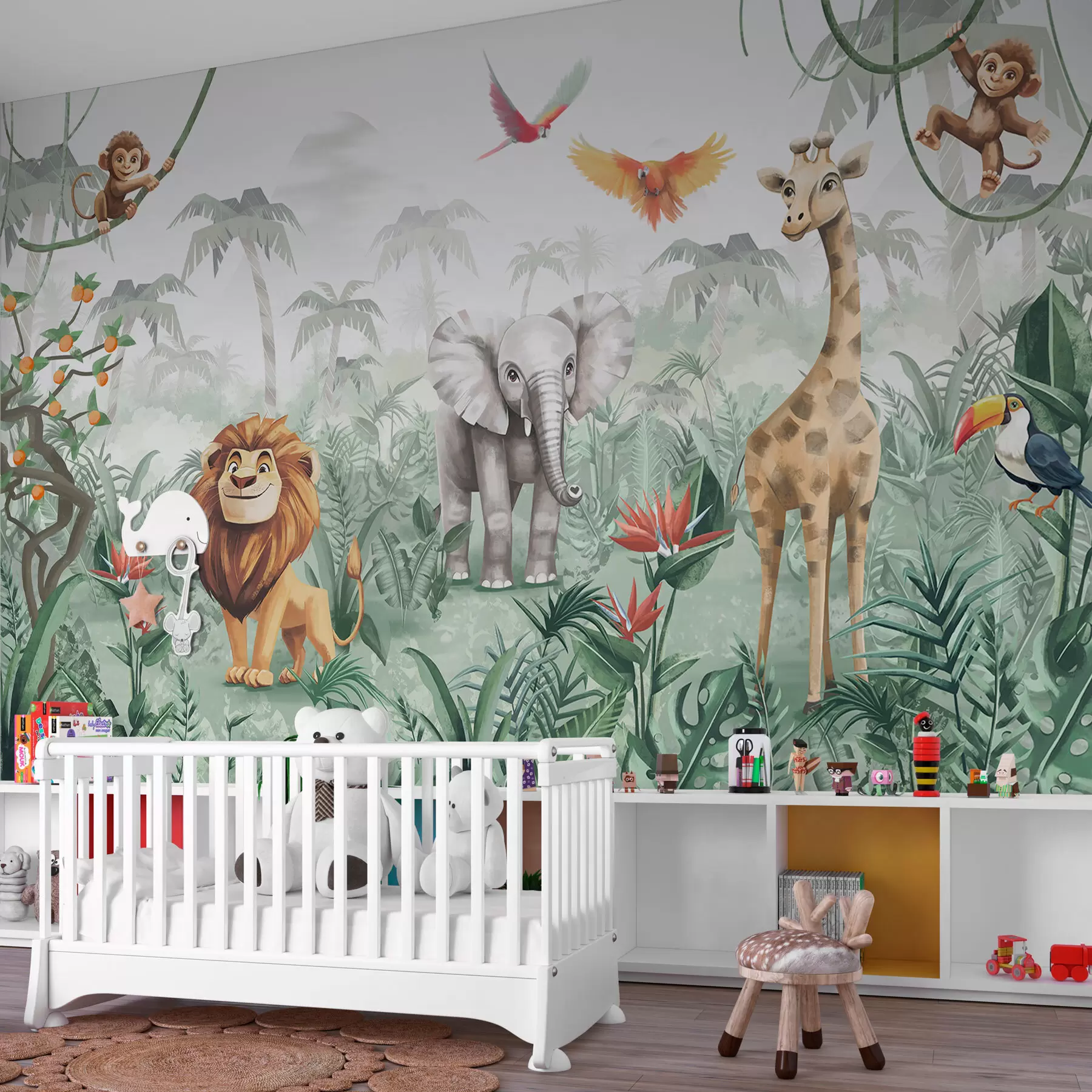 carta da parati Design della giungla per bambini con leone, giraffa, elefante e pappagalli nr. w02440