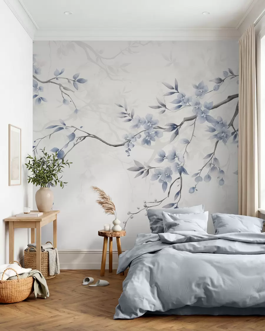 carta da parati Rami di tendenza con fiori e foglie nr. w02449