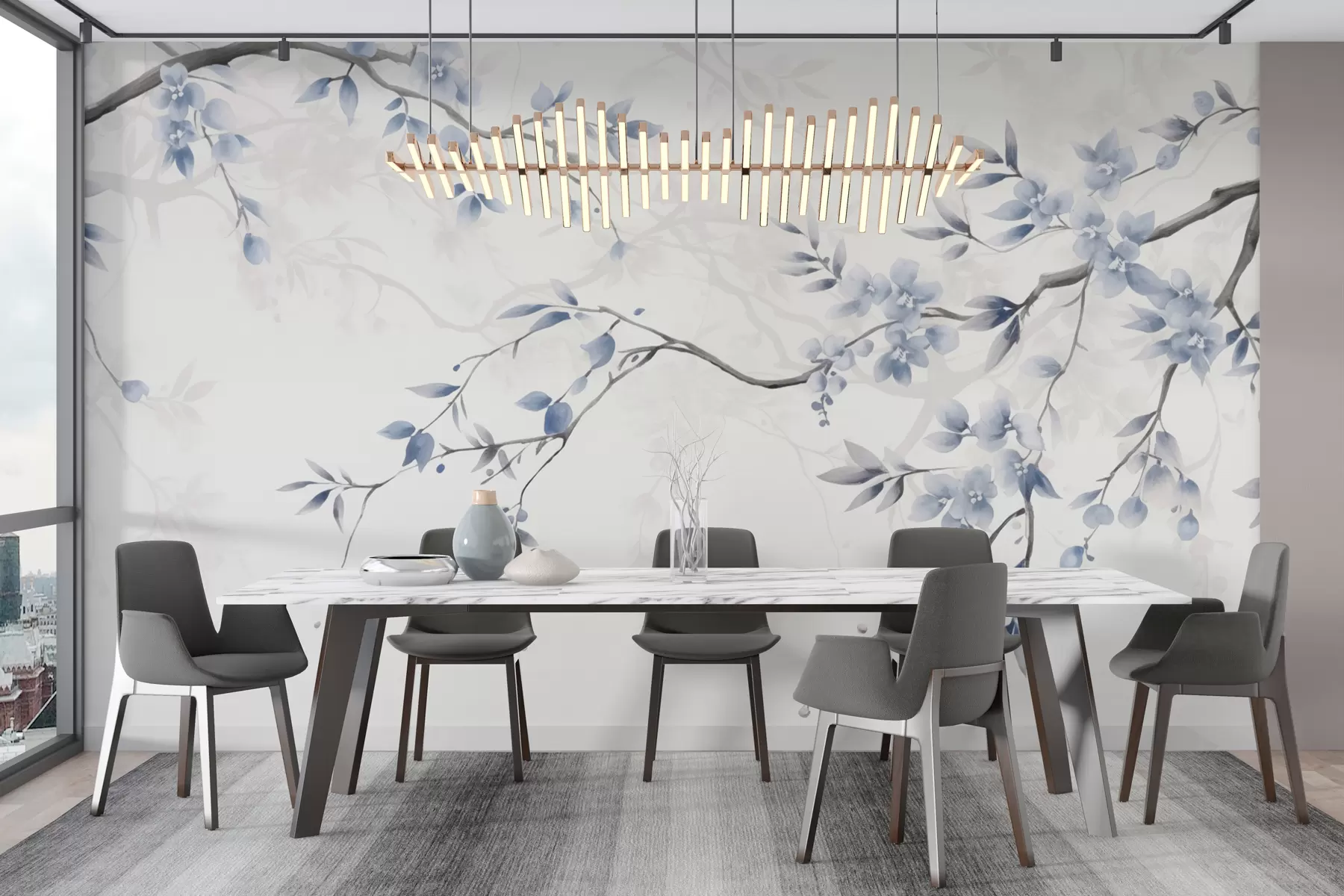 carta da parati Rami di tendenza con fiori e foglie nr. w02449