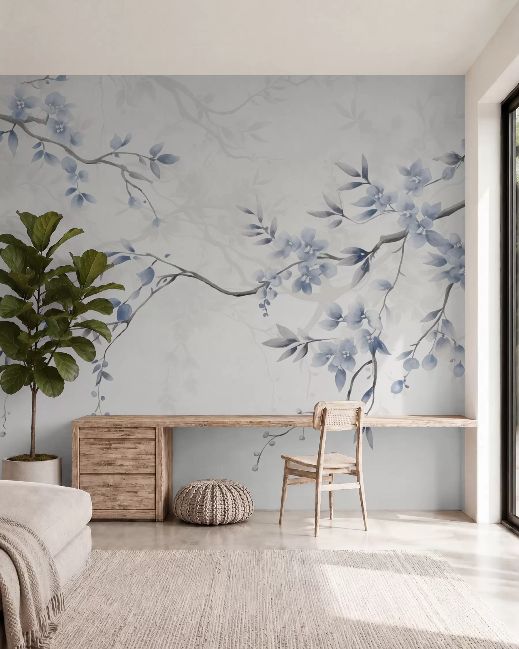 carta da parati Rami di tendenza con fiori e foglie nr. w02449