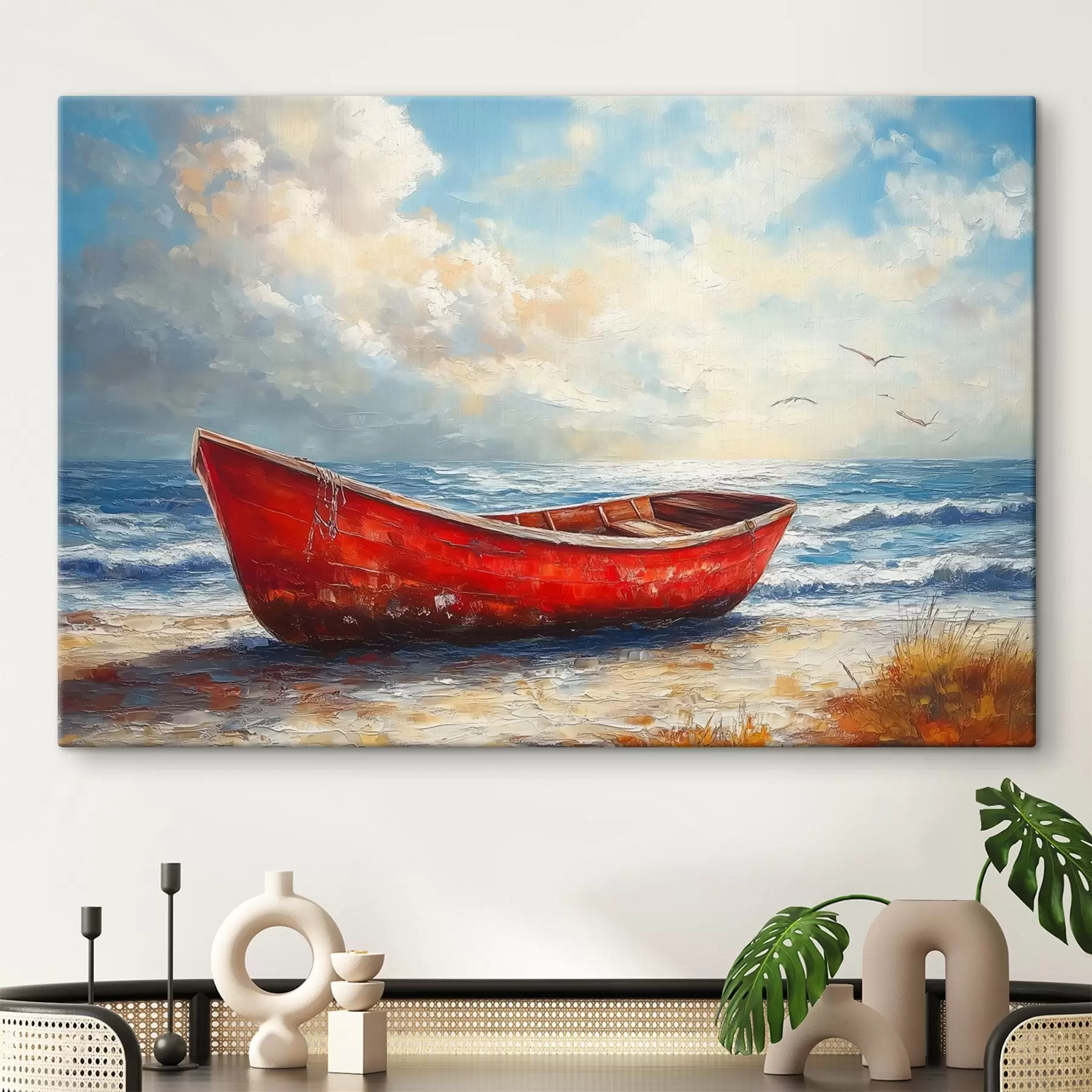 carta da parati barca rossa in riva al mare in stile pittura ad olio nr. s42009
