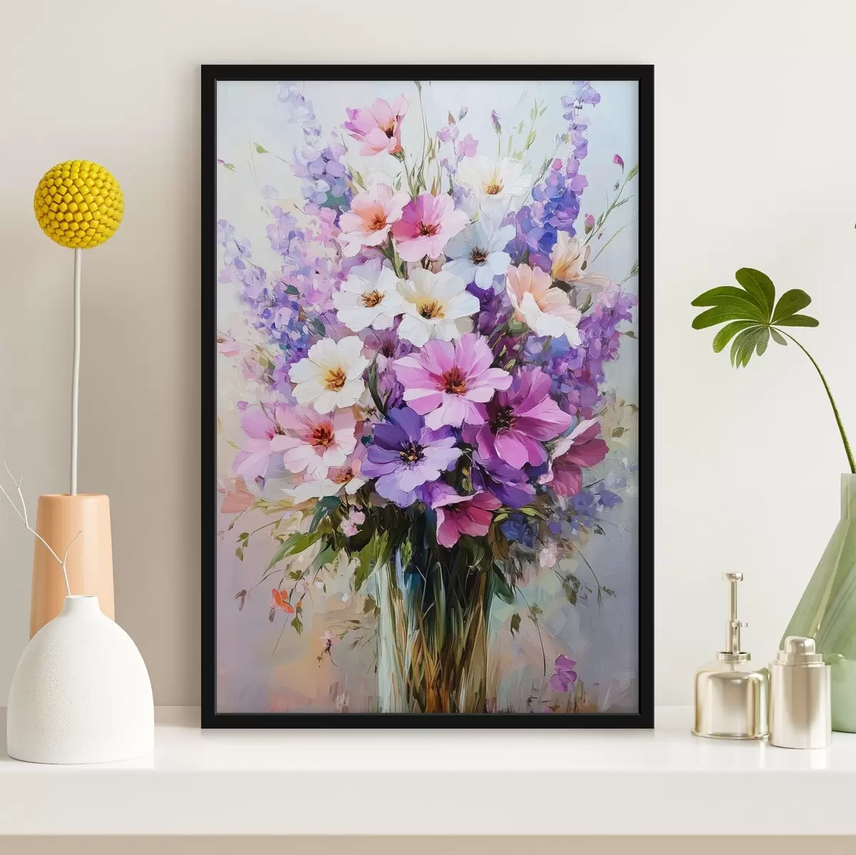 Poster fiori bianchi e viola in un vaso f41999