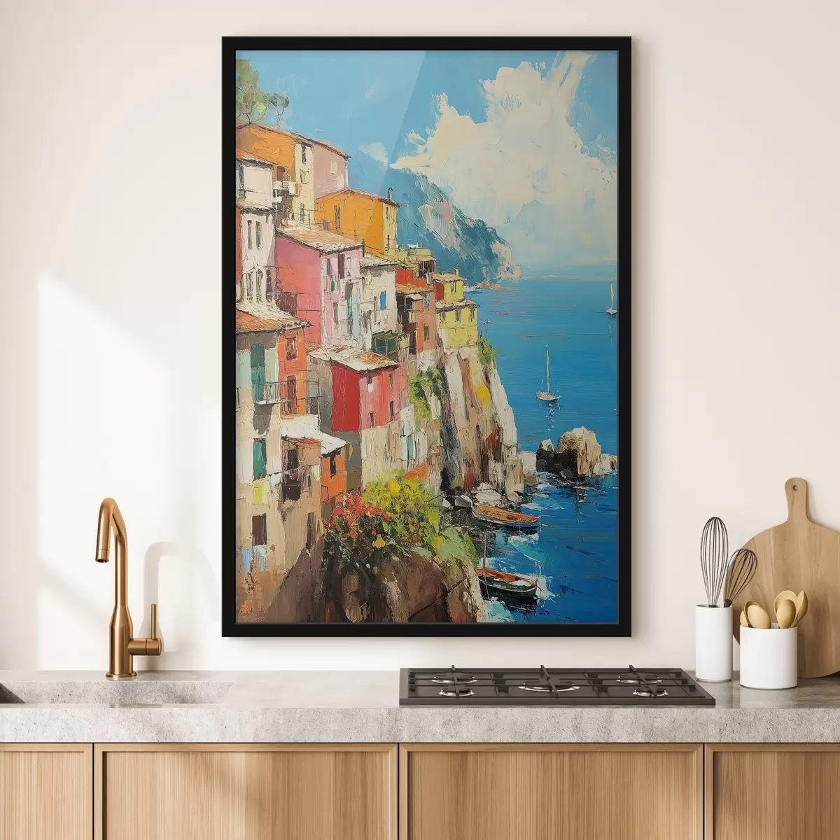 Poster Città italiana sul mare nello stile della pittura ad olio f42002