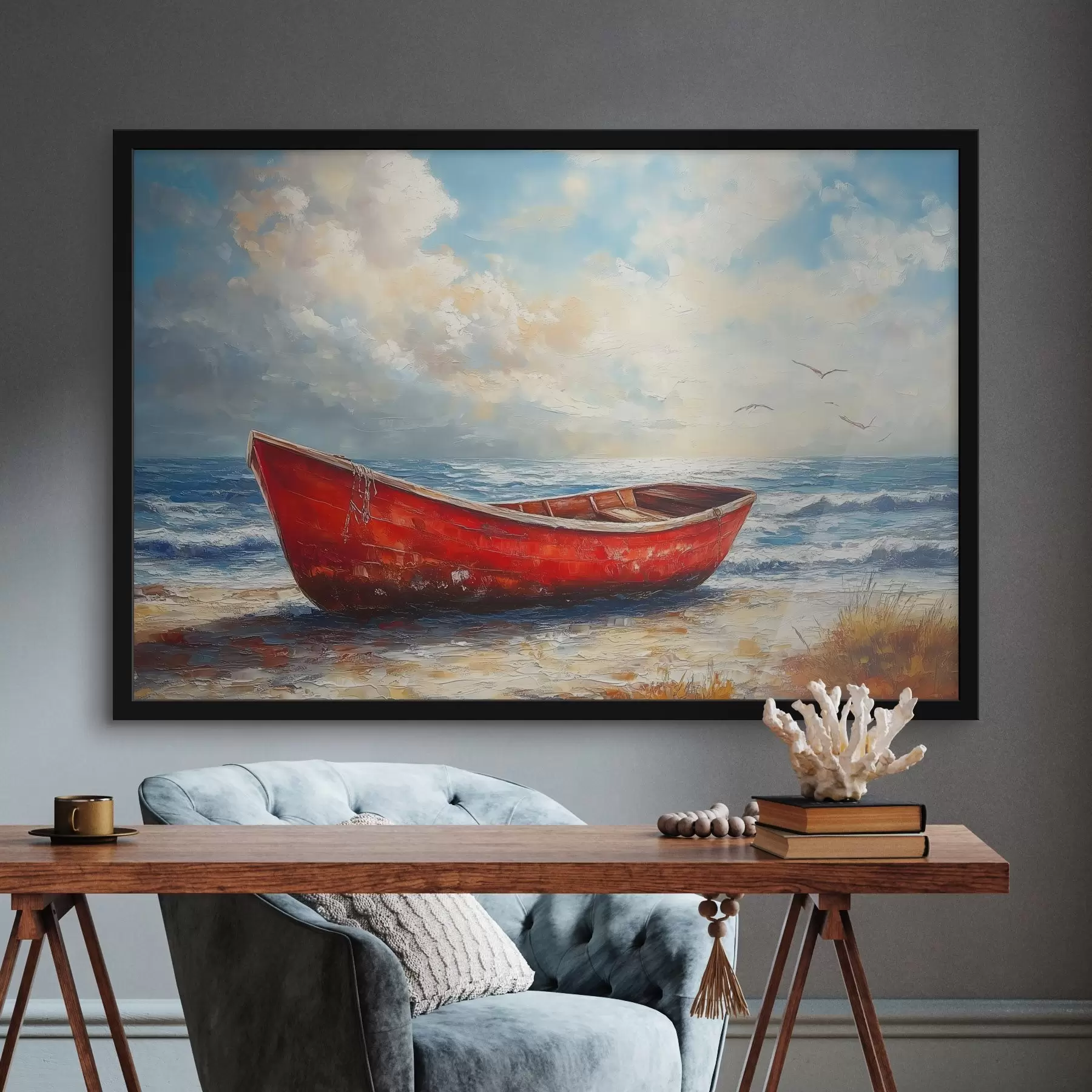 carta da parati barca rossa in riva al mare in stile pittura ad olio nr. f42009