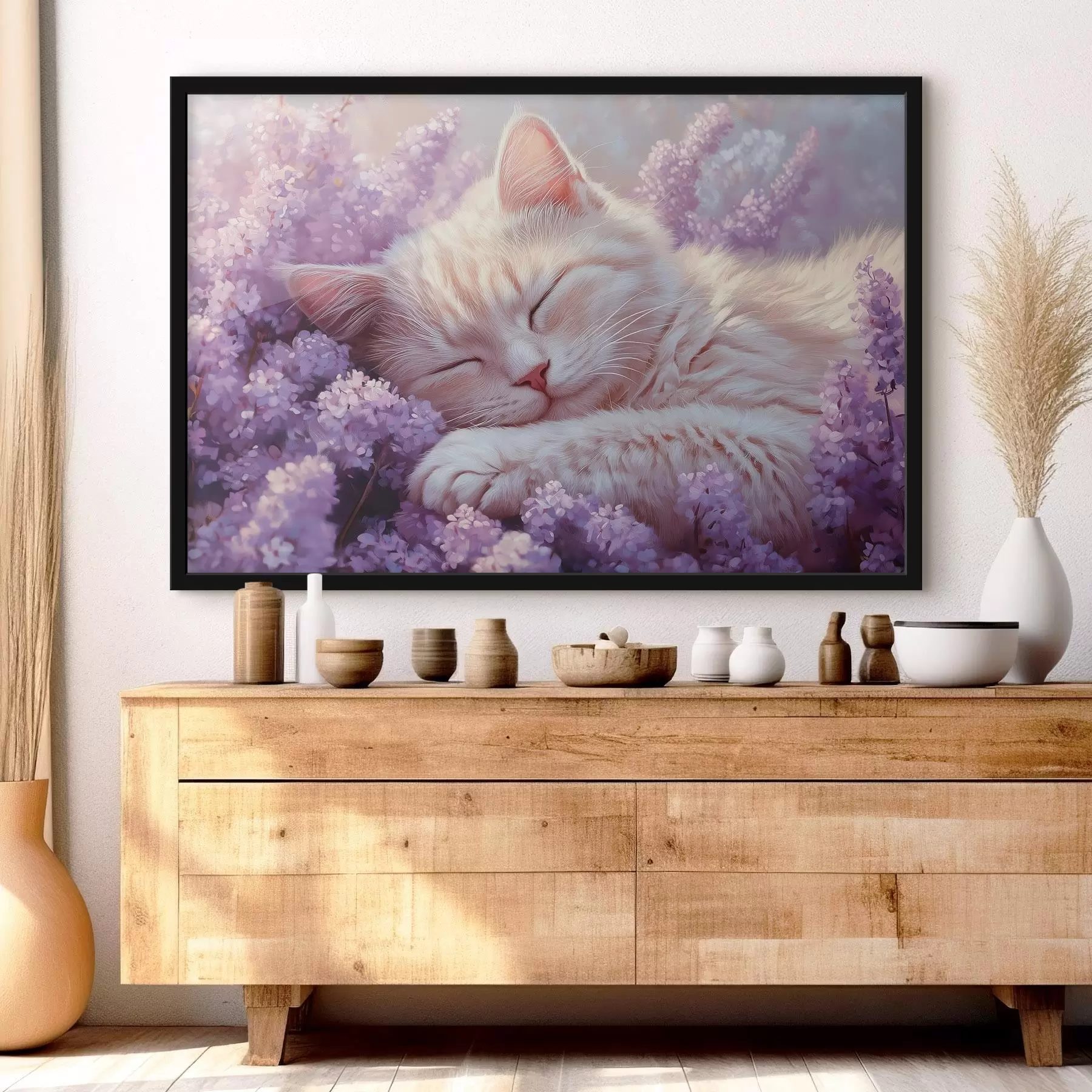 carta da parati gatto sdraiato su fiori viola nr. f42012