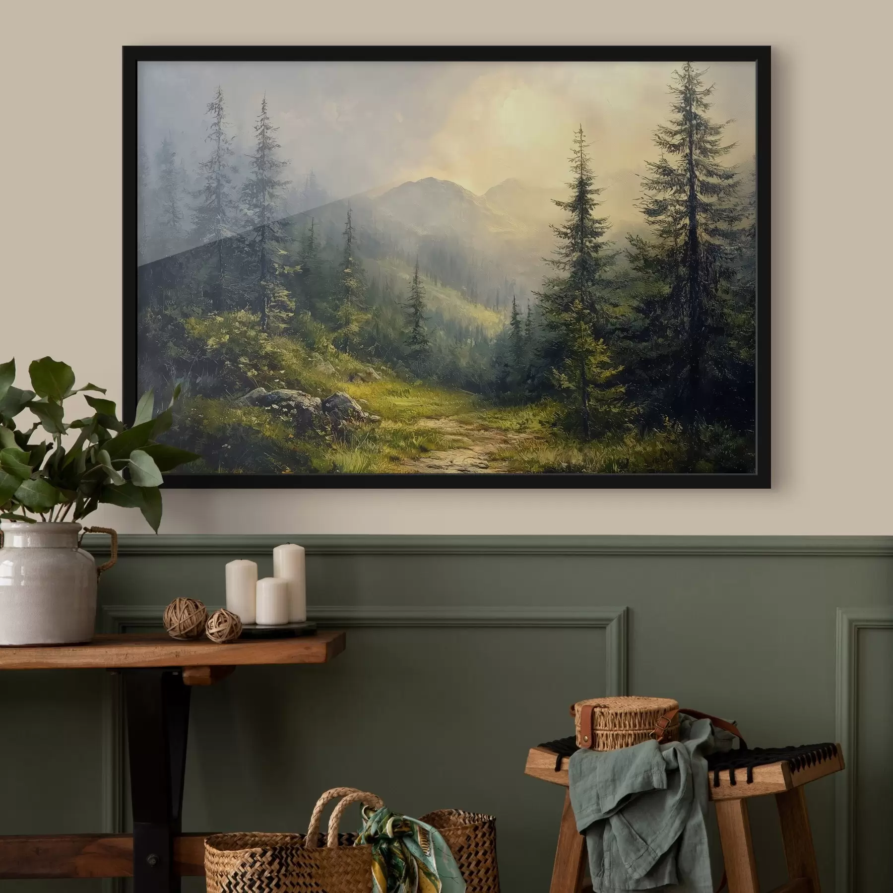 carta da parati montagne nella nebbia e alberi nr. f42019