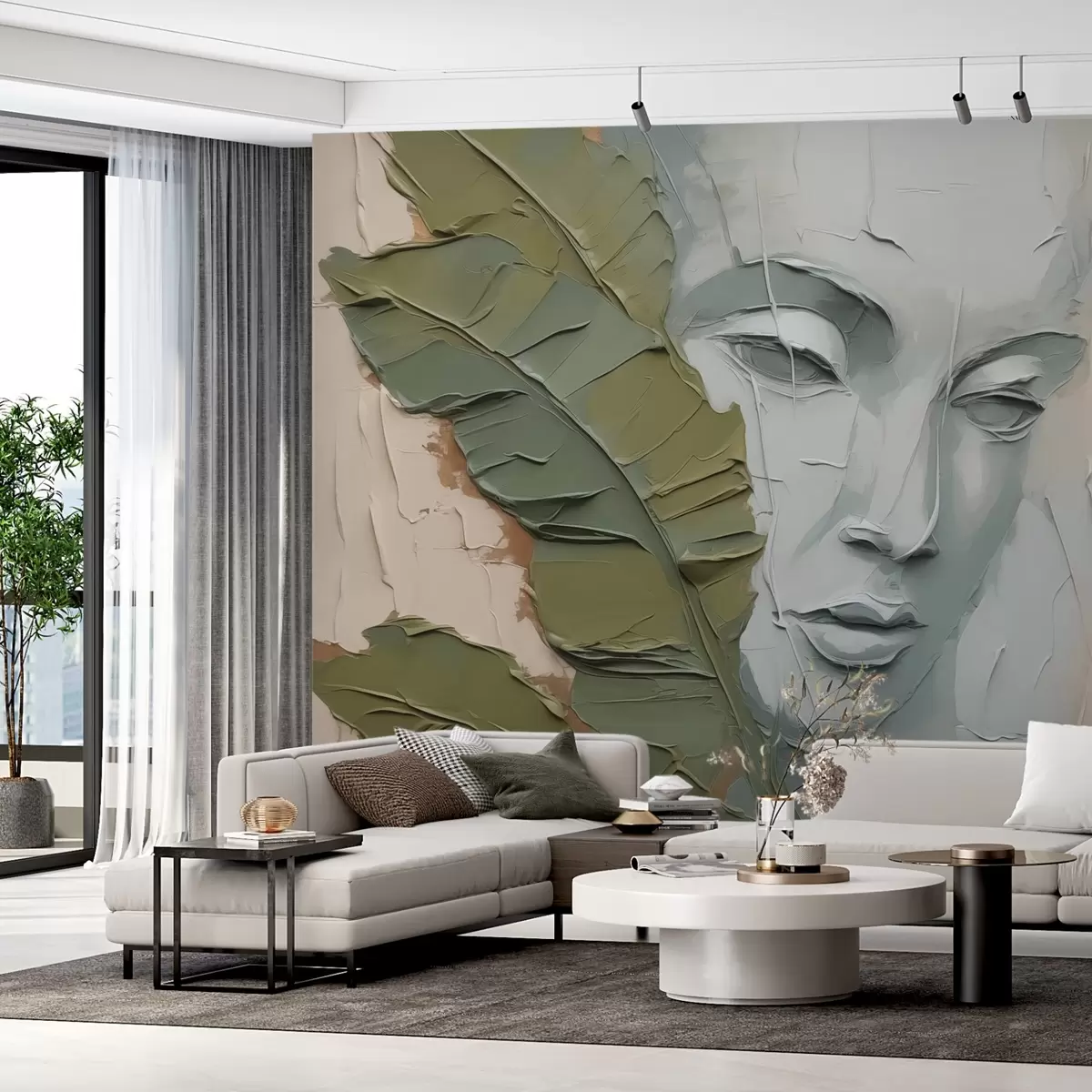 carta da parati Viso vicino a foglie tropicali imitazione di tratti e texture pittorica nr. w02436