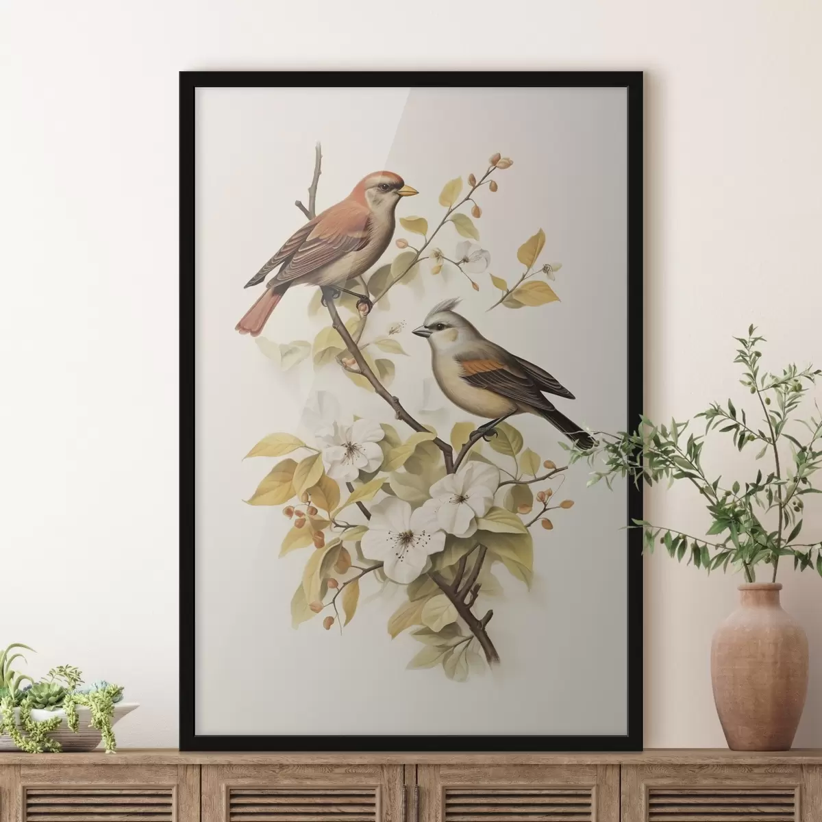 Poster Uccelli su un ramo in stile vintage f42035