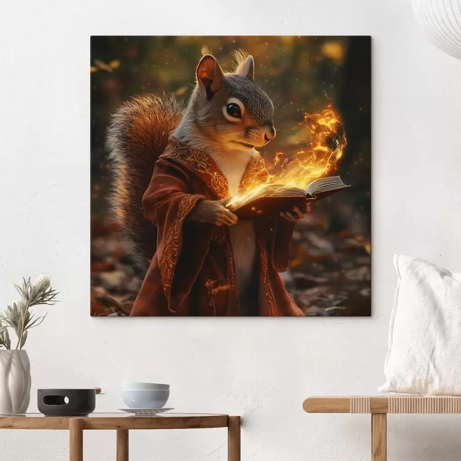 carta da parati Uno scoiattolo mago mistico con una veste da mago e un tomo magico tra le mani nr. s41983