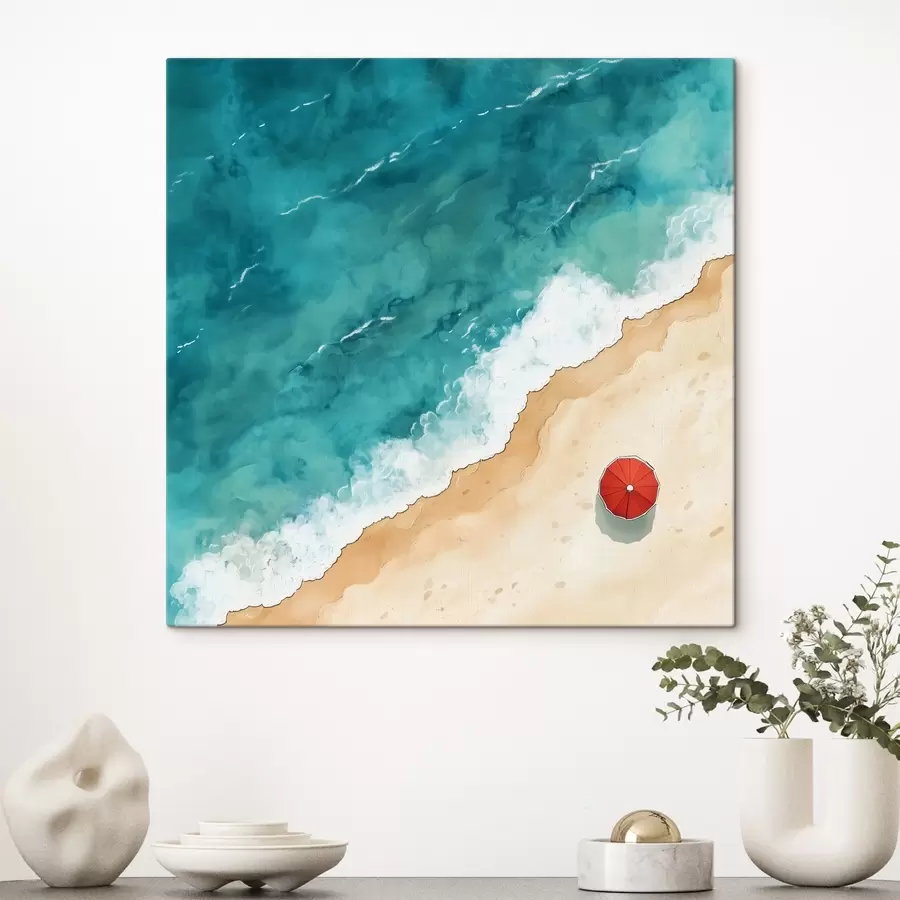 carta da parati Una spiaggia di sabbia con il mare e un ombrellone rosso, vista dall'alto nr. s42040