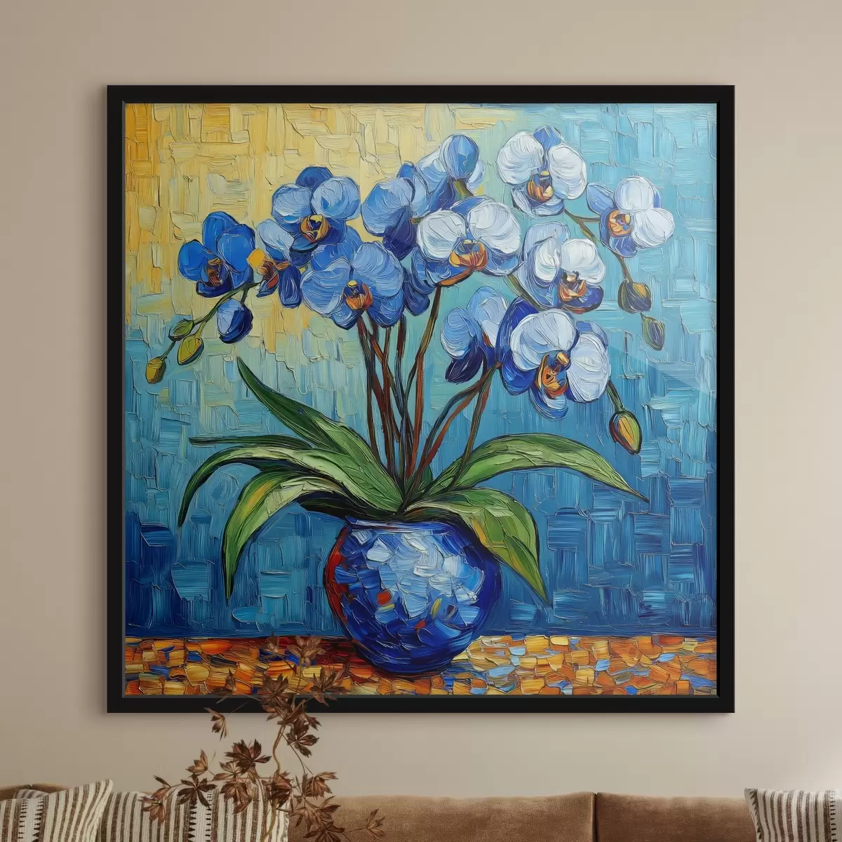Poster Un'orchidea blu in un vaso in stile Van Gogh, imitazione di un dipinto f41982