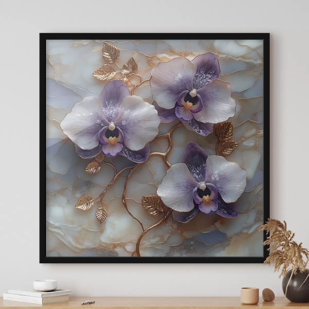 Poster Lussuose orchidee su uno sfondo di marmo strutturato f41984