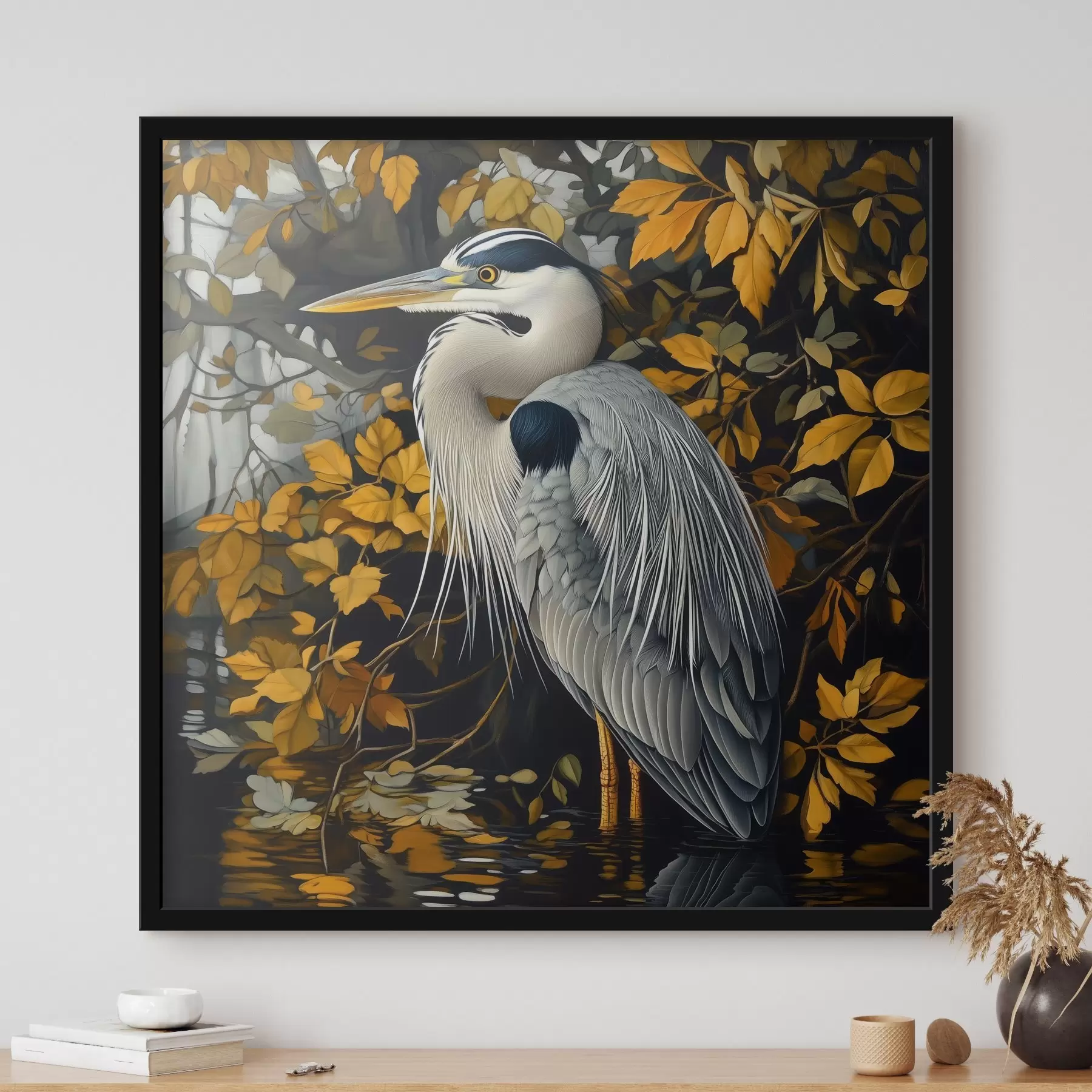 carta da parati Un airone in acqua su uno sfondo di foglie autunnali nr. f42041
