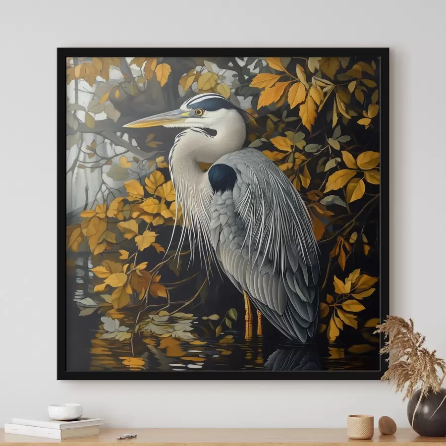 carta da parati Un airone in acqua su uno sfondo di foglie autunnali nr. f42041