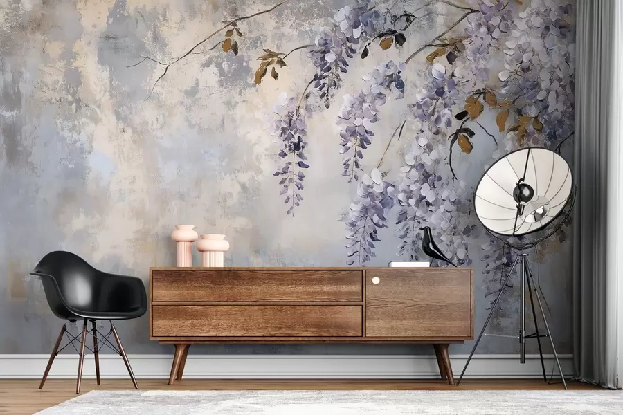 Carta da parati Floreale carta da parati dai colori tenui e sfumati con delicati fiori e rami di glicine. n. w02451