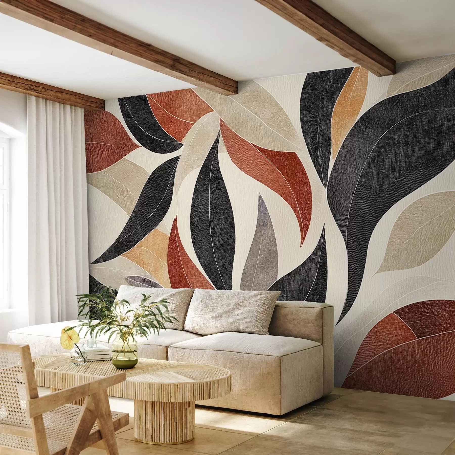 Carta da parati nature foglie astratte in una tavolozza di toni terrosi: beige, terracotta e grigio scuro 