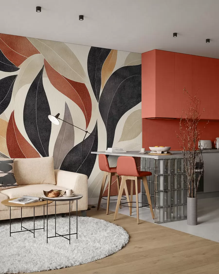 Carta da parati nature foglie astratte in una tavolozza di toni terrosi: beige, terracotta e grigio scuro 