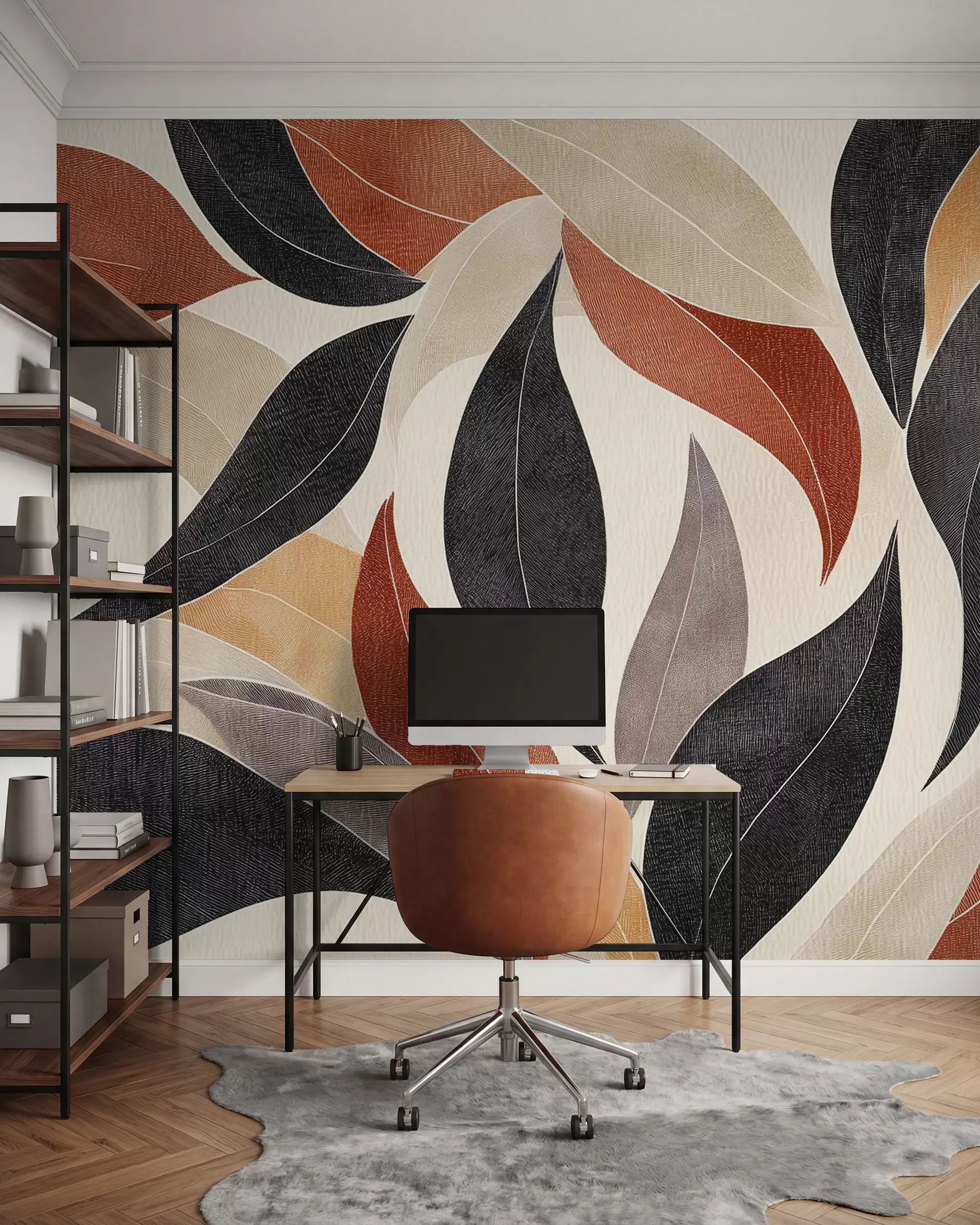 Carta da parati nature foglie astratte in una tavolozza di toni terrosi: beige, terracotta e grigio scuro 